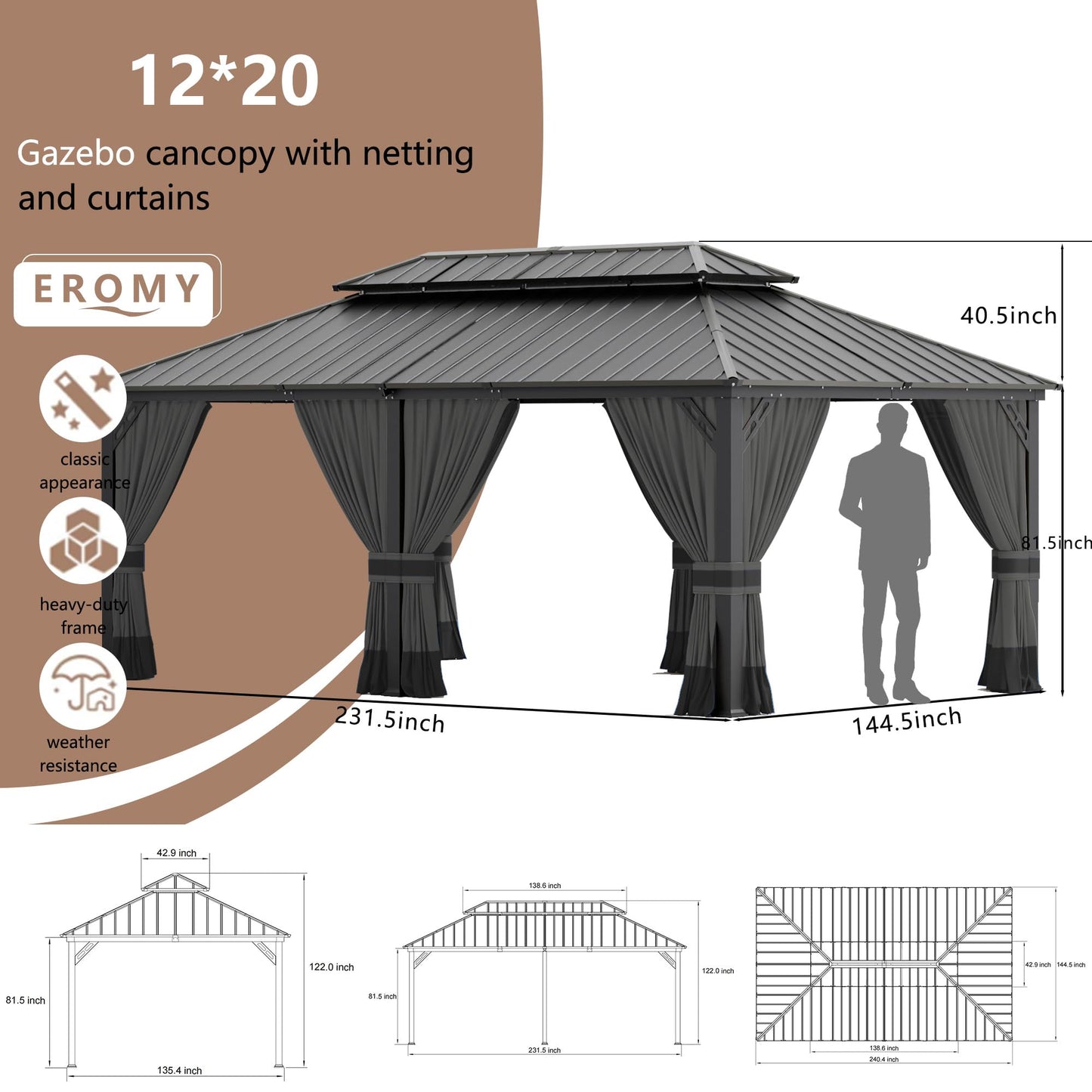 RTDTD 12' x 20' Hardtop Gazebo,Outdoor Aluminum Frame Permanent Pavilion Double Galvanized Steel Roof Pergola with Nettings and Curtains for Patio Lawns Backyard Deck,Grey