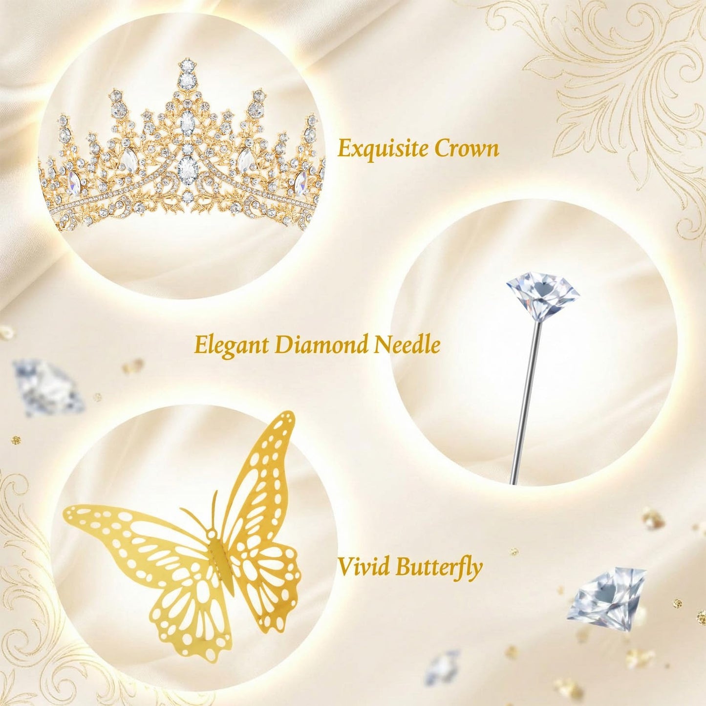 Tondiamo 63 Pcs Flower Bouquet Accessories Include 6.1 x 2.8 Inch Crystal Queen Crown Tiara for Women Bouquet Pins and Butterflies Decor for Flower Arrangements Cake Topper Wedding Birthday(Gold)