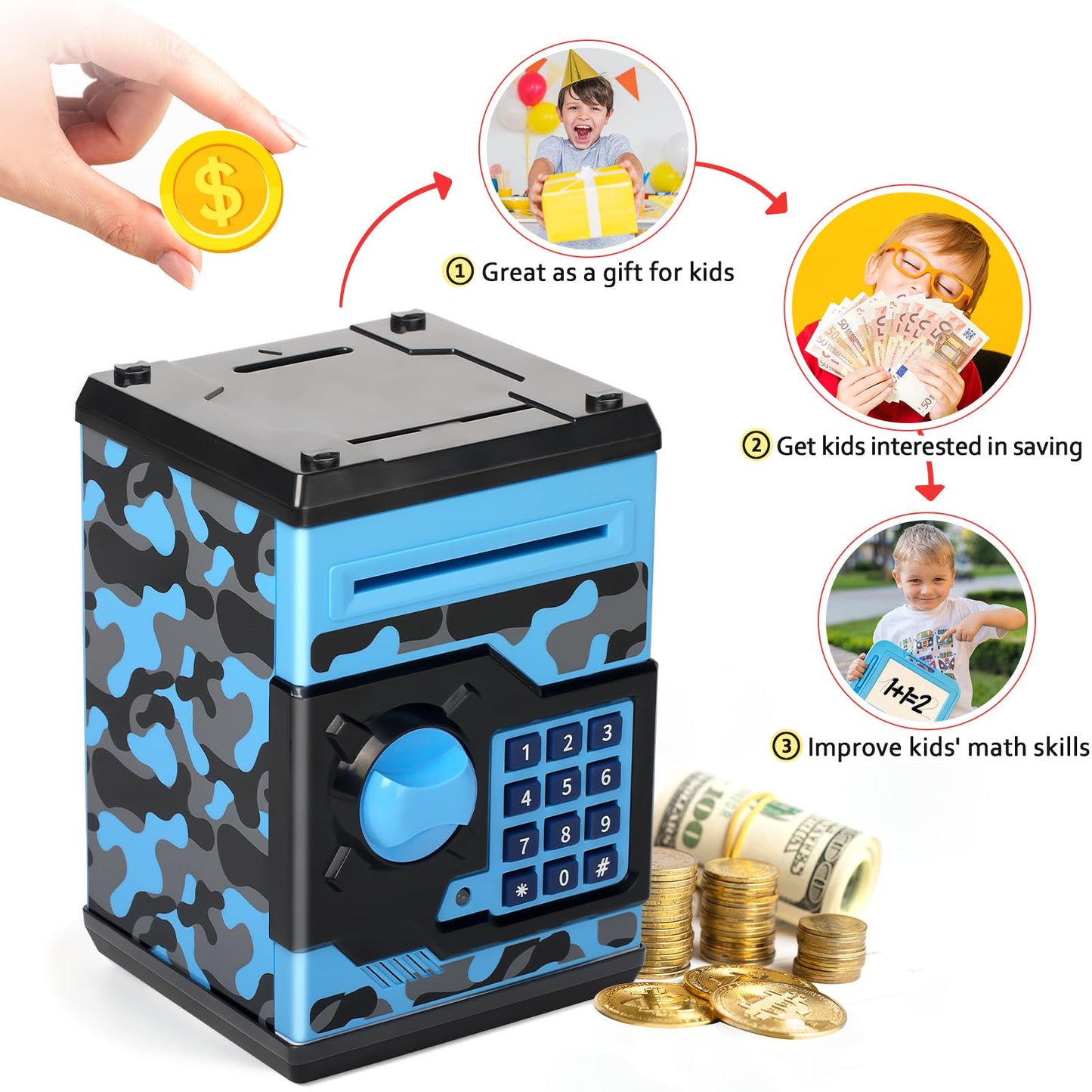 ATM Piggy Bank for Boys Girls, Vcertcpl Mini ATM Coin Bank Money Saving Box with Password, Kids Safe Money Jar for Adults with Auto Grab Bill Slot, Great Gift Toy Bank for Kids (Camouflage BlueGray)