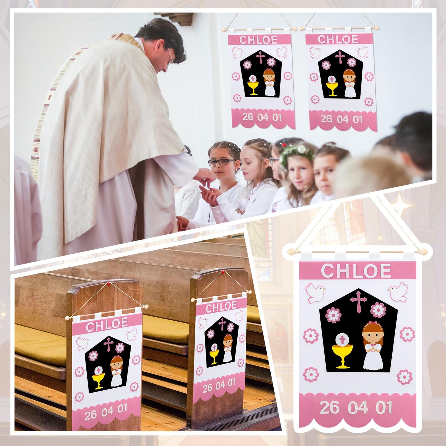 Hahafelt First Communion Banner Kit for Girls 9 x 12 Inches Pink DIY Felt First Holy Communion Banner Crafts Kits for Church Sunday School Catholic Special Events