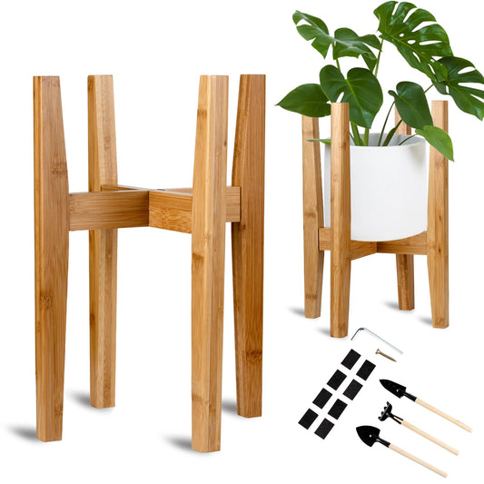 Adjustable Bamboo Plant Stand for Indoor Plants, Modern Flower Holder Shelf with 8-12 Inch Pot Compatibility, Space-Saving Corner Design for Living Room, Bedroom, Office Home Decor (No Pot/Plant Included) (Natural Color)