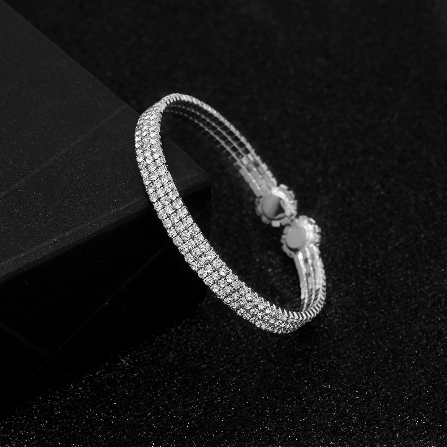 Tidefire Rhinestone Tennis Cuff Bracelet for Women Crystal Bridal Bangle for Prom Wedding Party Dating (1213 Silver)
