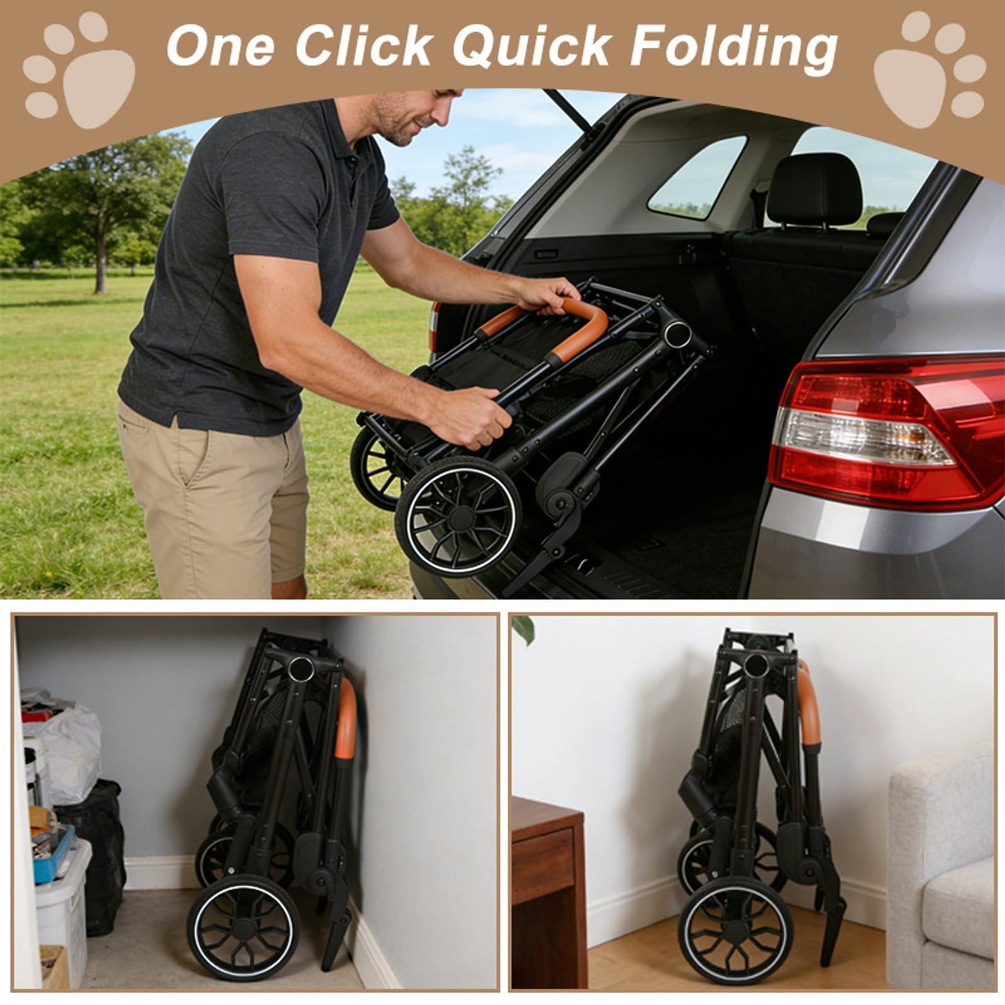 Pet Stroller for Small Dogs and Cats, Detachable Dog Cat Stroller with All-Terrain Shock Absorbing Wheels, One-Click Foldable Design, Adjustable Canopy (Green)