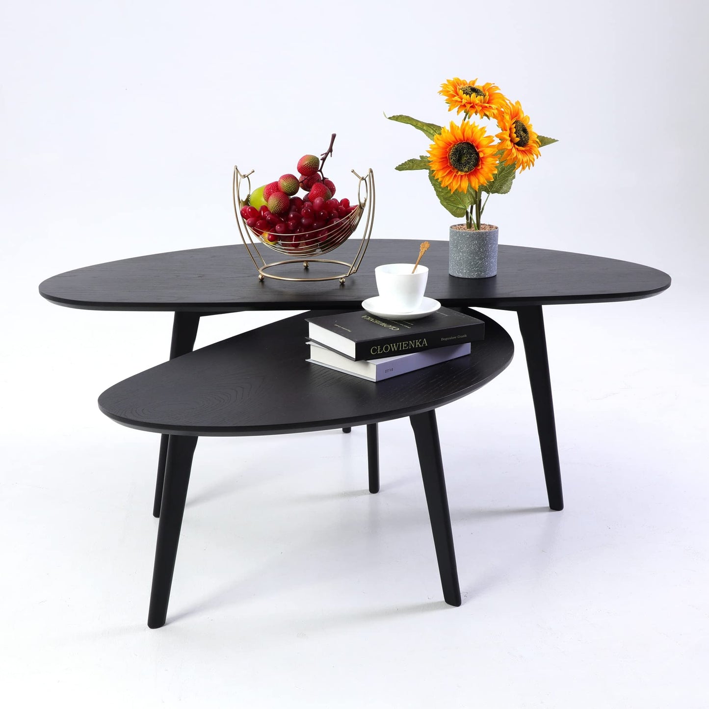 FIRMINANA Mid Century Modern Coffee Table, Oval Black Coffee Table for Living Room & Small Spaces, 47.3" W x 23.63" D x 17.72" H
