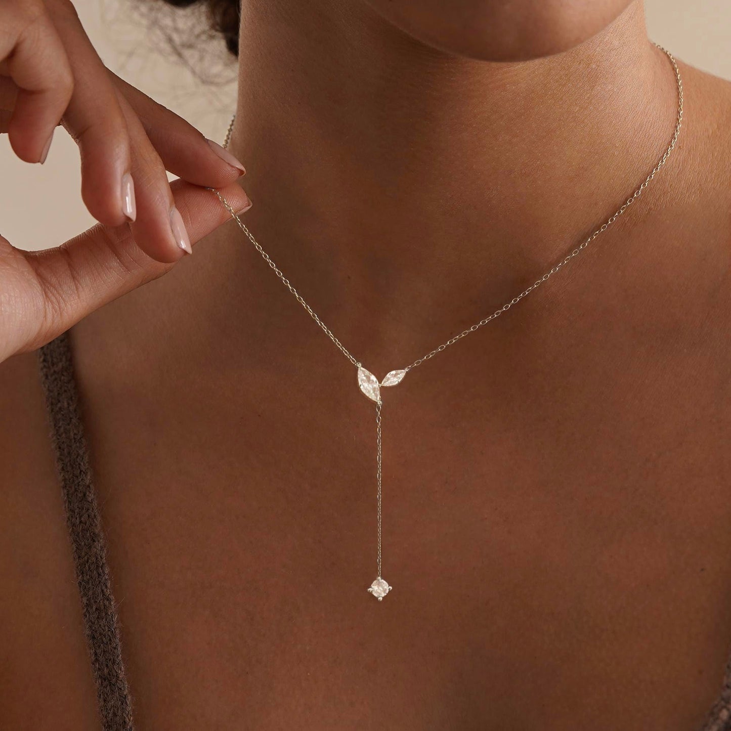 FUCJOEE Silver Necklace for Women - Dainty Lariat Necklace Adjustable Sterling SIlver Teardrop CZ Y Shaped Drop Necklaces Cute Long Necklaces for Women Trendy Prom Formal Silver Jewelry