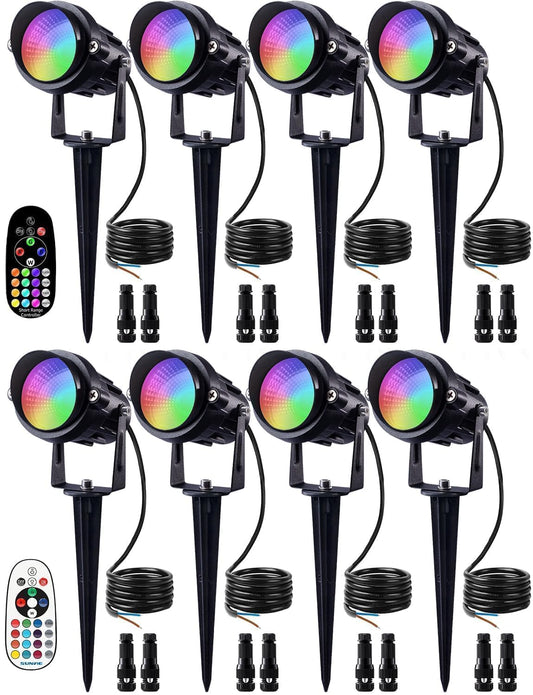 SUNVIE Halloween 12W RGB Color Changing Landscape Lights Low Voltage LED Landscape Lighting Remote Control Spotlight Waterproof Garden Pathway Christmas Decoration Outdoor, 8 Pack with Connector