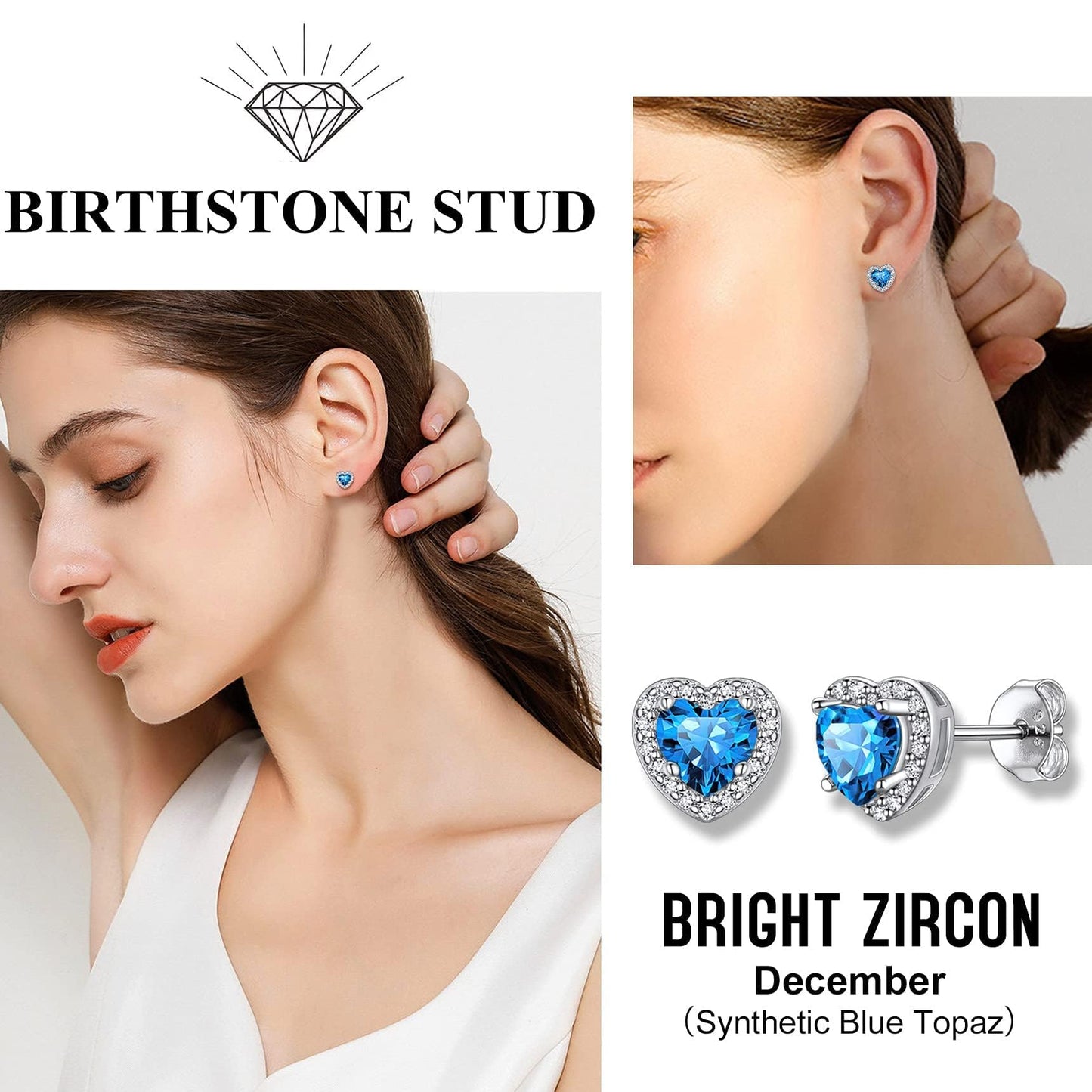 Bestyle CZ Heart Diamond Stud Earrings 5mm December Blue Topaz Birthstone Solitaire Earrings, 925 Sterling Silver Earrings Jewelry Gift for Wedding Anniversary Birthday