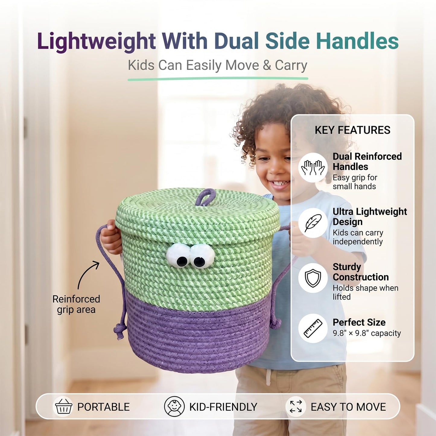 CTESNE Cotton Rope Storage Basket with Lid & Handles, Cute Monster Decor Basket for Nursery, Toys, Diapers, Baby Shower & Easter Gift, 9.8" x 9.8" (Green & Purple)