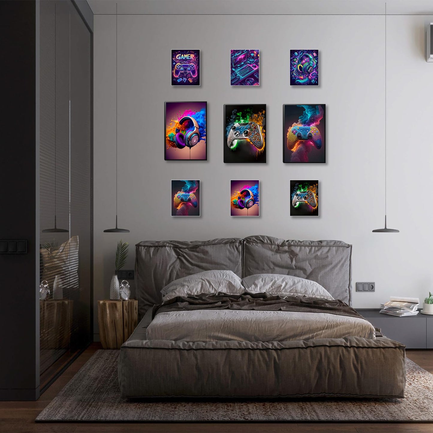 SEHSUVC Game Room Canvas Wall Art, 16x12inch 3-Piece set Wood Framed + 6 Pcs 8×10 Posters Prints, Neon Gaming Accessories Theme Gamer Wall Decor Gifts for Boys Youth Children Bedroom Home Decor