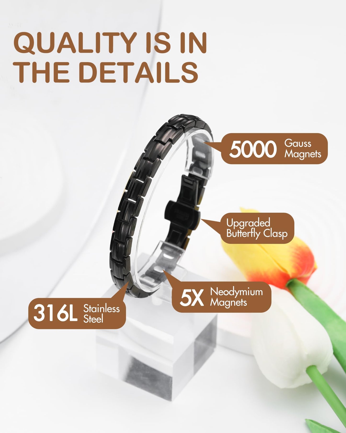Feraco 5X Strength Magnetic Bracelets for Women, Stainless Steel Magnet Bracelet with Ultra Powerful 5000 Gauss Magnets, Upgraded Butterfly Clasp, Adjustable Jewelry Gift (Black)
