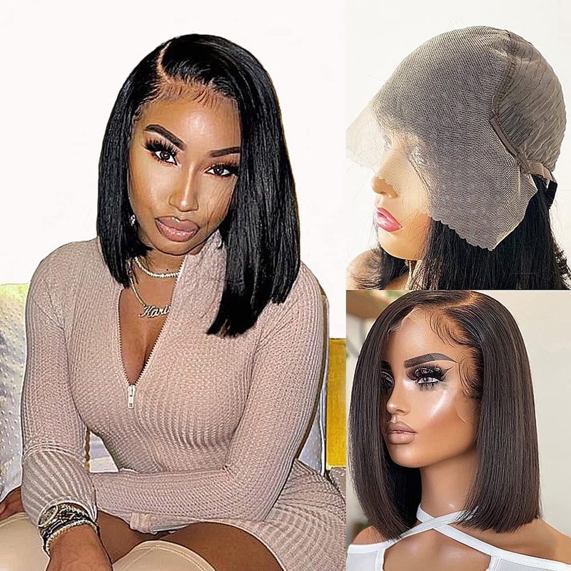 Bob Wig Human Hair 13x6 HD Lace Front Wigs Human Hair 180% Density Straight Lace Front Bob Wigs for Black Women Pre Plucked Pre Cut 100% Brazilian Virgin Real Hair Glueless Wigs Black Color 12 Inch
