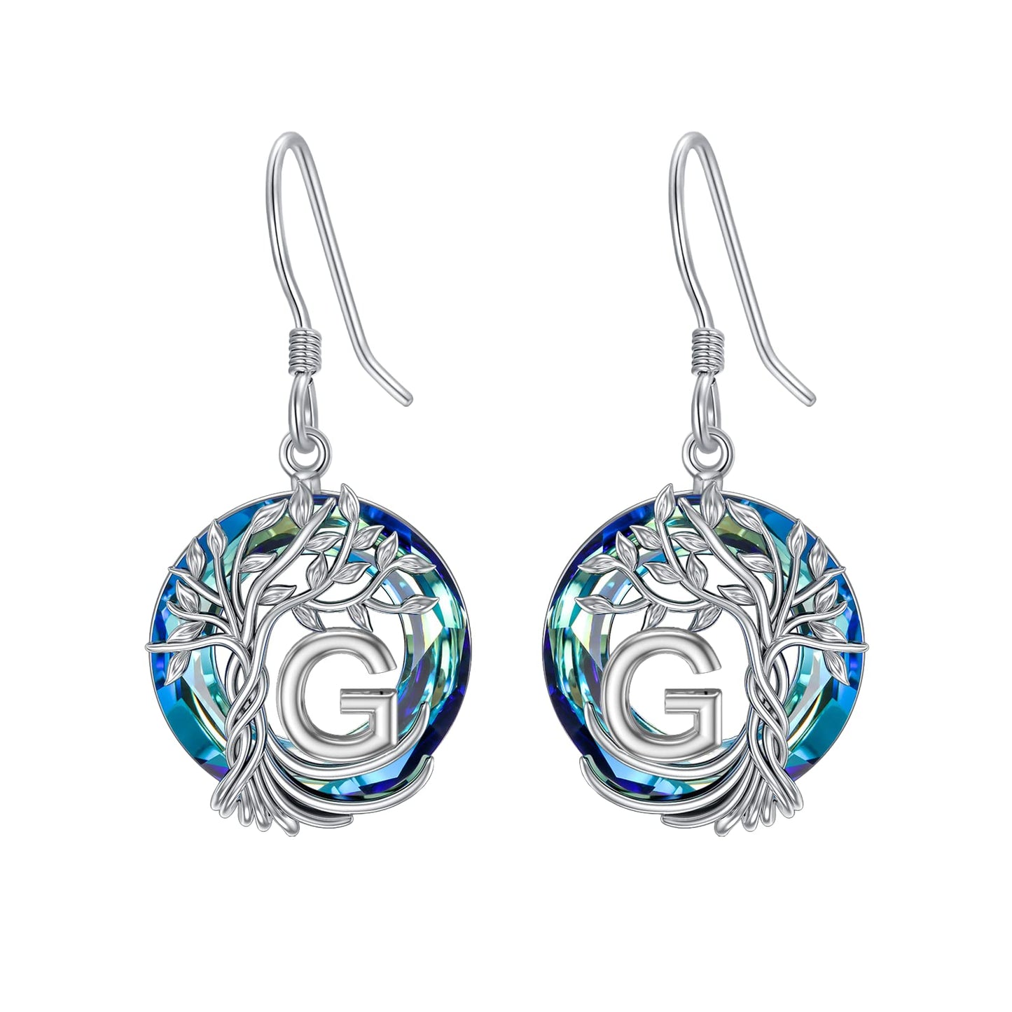 TOUPOP Tree of Life Initial Earrings Sterling Silver Initial G Letter Drop Dangle Earrings Blue Circle Crystal Family Tree Jewelry Birthday Mothers Day Gifts for Women Mom Her