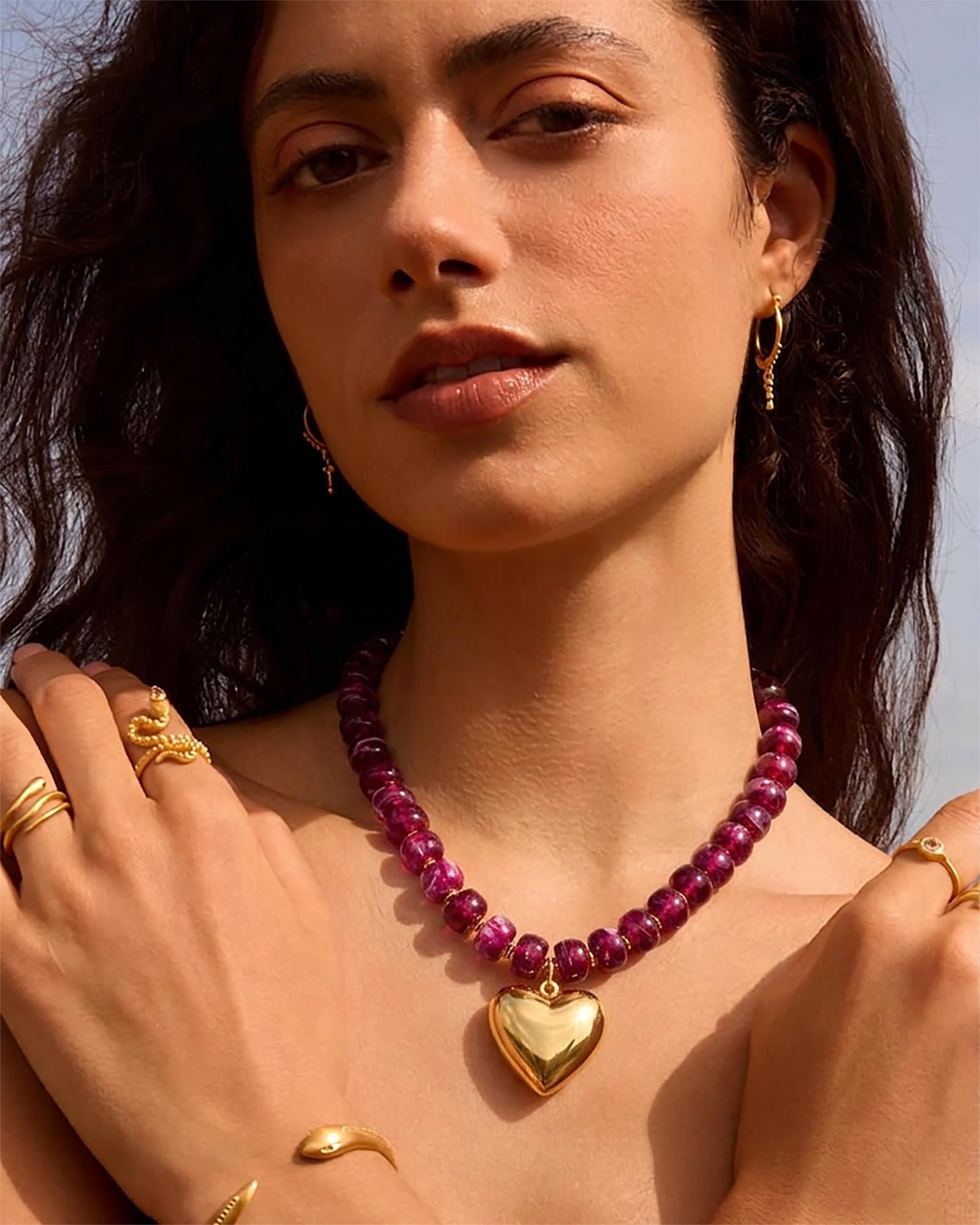 ENSKEFEN Chunky Heart Necklaces for Women Grape Purple Resin Beaded Choker Necklace Adjustable Chunky Statement Necklace Trendy Summer Beach Vacation Jewelry