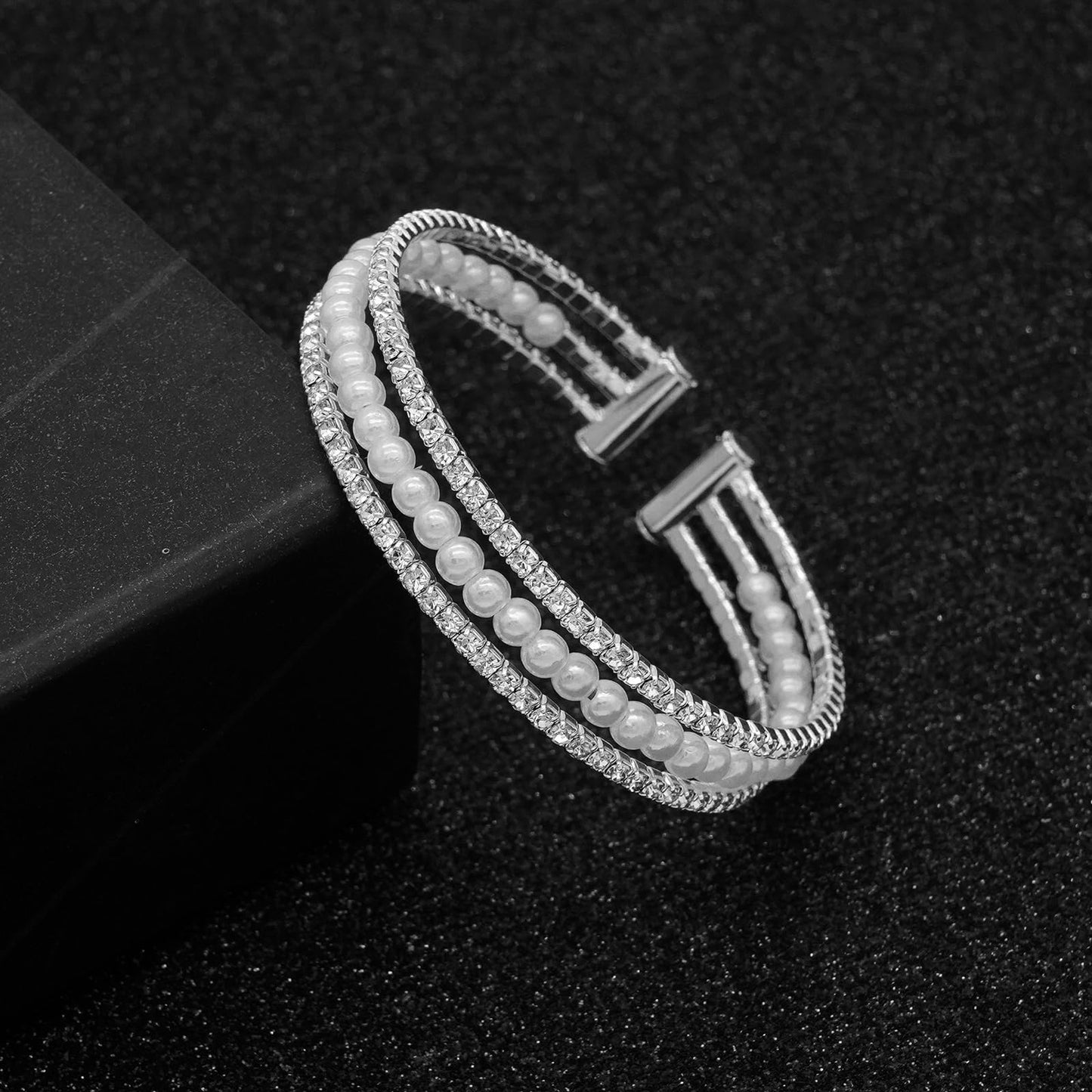 Tidefire Rhinestone Tennis Cuff Bracelet for Women Crystal Bridal Bangle for Prom Wedding Party Dating (1308 Silver)