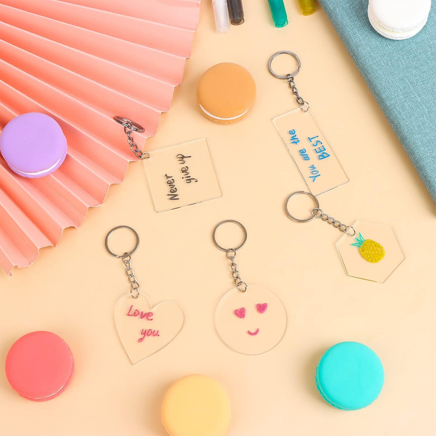 PINKXHY 200 Pieces Acrylic Keychain Blanks Transparent Pendants in Circle Heart Square Rectangle Hexagon Shapes for DIY Crafts Projects