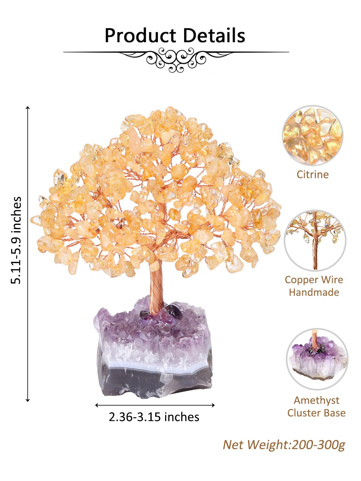 Jovivi Natural Citrine Healing Crystal Money Tree on Amethyst Cluster Geode Druzy Base Feng Shui Crystals for Home Office Desk Decorations, Wealth, Good Luck