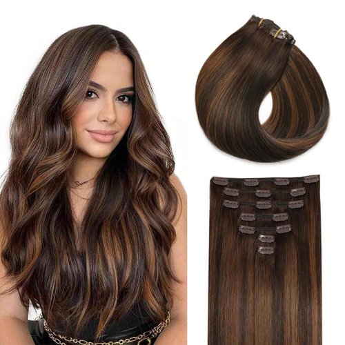 Clip In Hair Extensions Real Human Hair,Invisible Straight Seamless Hair Extensions Clip Ins For Women 16in 120g 7pcs Balayage Dark Brown Mixed Chestnut Brown