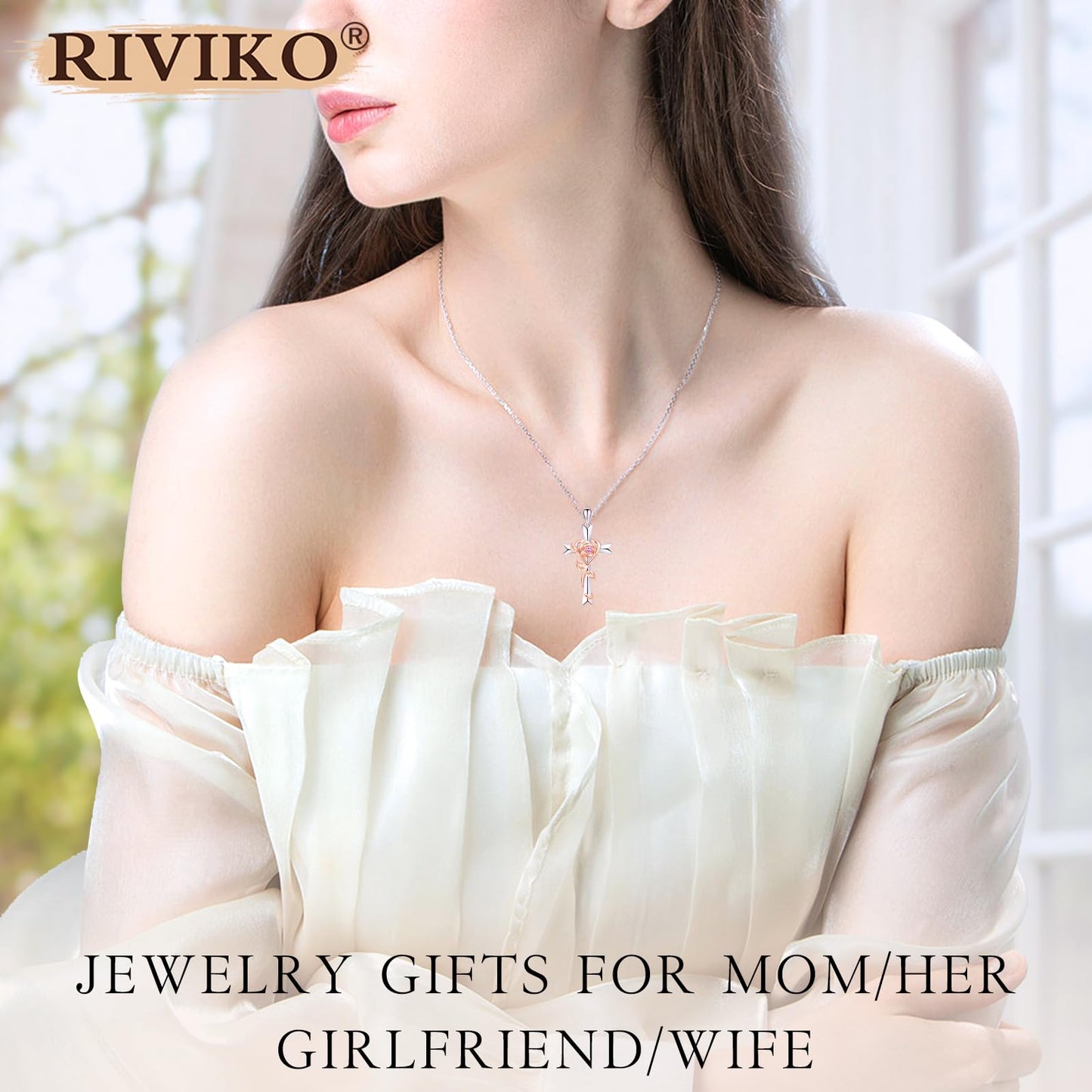 RIVIKO 925 Sterling Silver Cross October Birthstone Necklace for Women Cross Rose Pendant Necklaces Trendy Christmas Valentine's Day Jewelry New Year Anniversary Birthday Gift for Women Her Wife