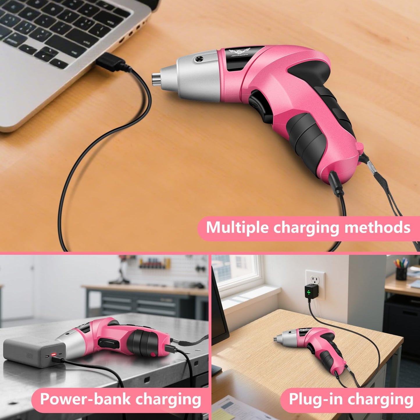 Electric Screwdriver 3.7V Pink USB Small Power Screwdriver Set. Cordless & Rechargeable with Driver Bit Set