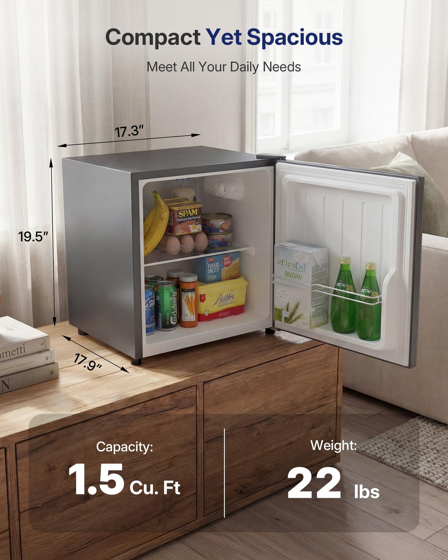 Upstreman 1.5 Cu.Ft All-Refrigerator Mini Fridge, Single Door Small Refrigerator, Dorm Fridge with 7 Adjustable Thermostat, Compact Refrigerator for Office, Bedroom or Dorm, Gray-CR16