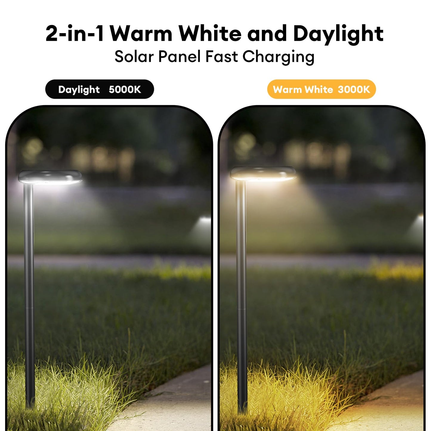 VWCYL+ Solar Pathway Lights - Super Bright 300 Lumens with 2-in-1 Warm White & Daylight Color, Solar Path Lights for Pathway, Sidewalk, Driveway, Garden,Parterre etc,Landscape Lighting (2-Pack)