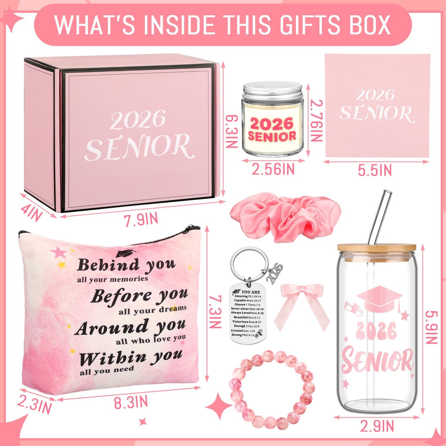 Remerry 9 Pcs 2026 Senior Graduation Gifts Set Pink Graduation Gift Basket Glass Cup Keychain Cosmetic Bag Bracelet Scented Candle with Box for College High School for Women Daughter Sister Friend