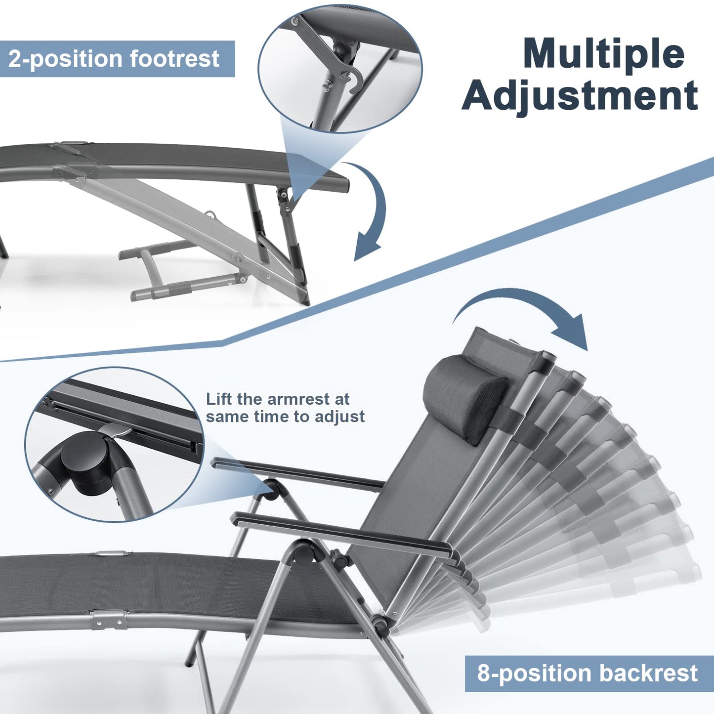 HAPPYGRILL Patio Lounge Chair Aluminum Chaise Lounge Chair with 8-Position Adjustable Backrest, 2-postion Footrest, Comfortable Headrest, Outdoor Folding Reclining Chair for Patio Poolside Backyard
