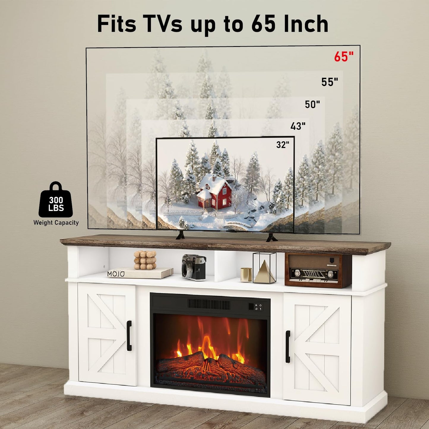 LubanNese Fireplace TV Stand for TVs Up to 65" with 23" Electric Fireplace, Entertainment Center with Storage Cabinet and Open Shelves, Media Console with Barn Doors for Living Room (White)