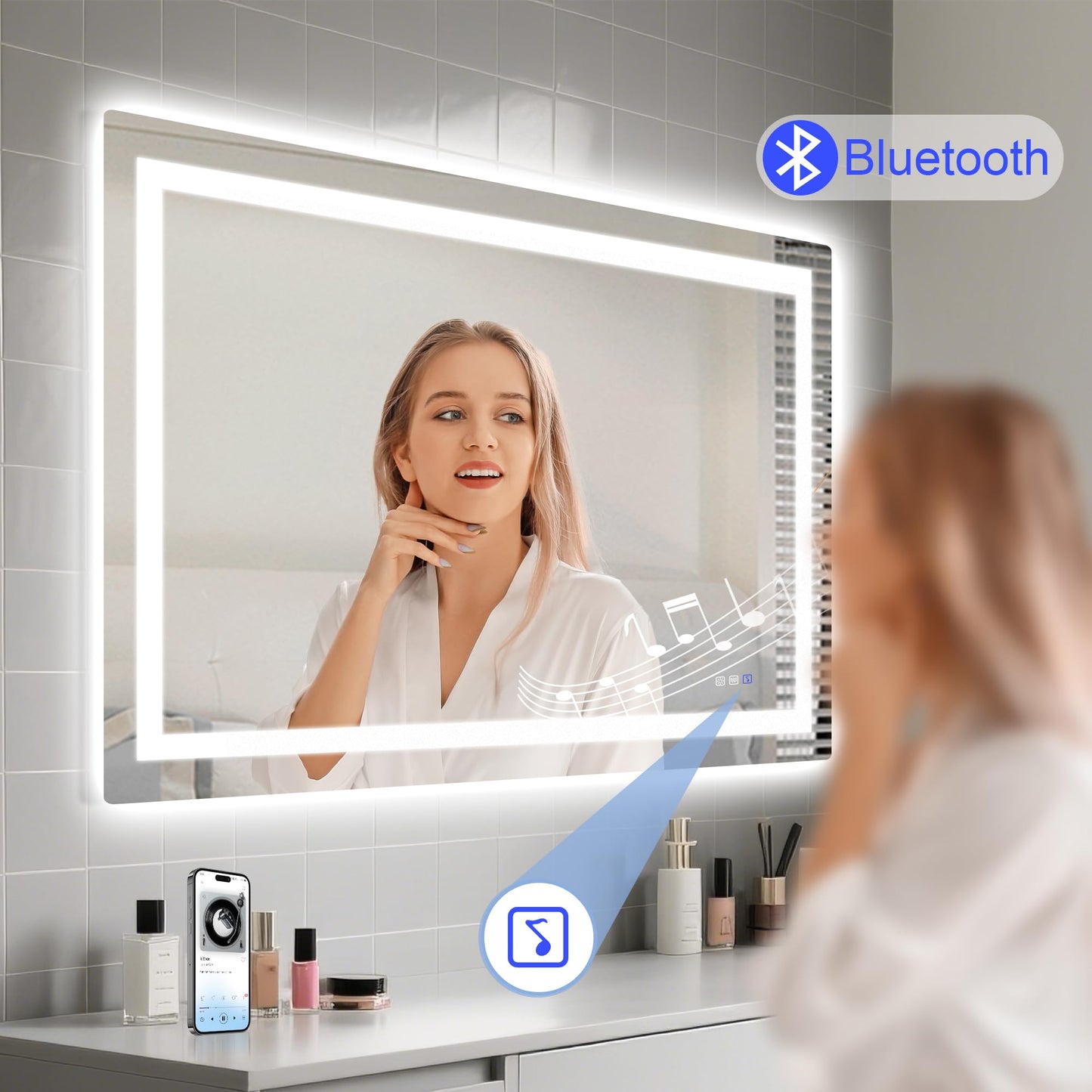 STARLEAD Led-Bathroom-Mirror-with-Lights, 28"x36" Wall-Mounted with 3 Colors Dimmable Light, Bluetooth Speaker, Anti-Fog, Memory, Tempered Glass, Front & Backlit (Horizontal/Vertical)