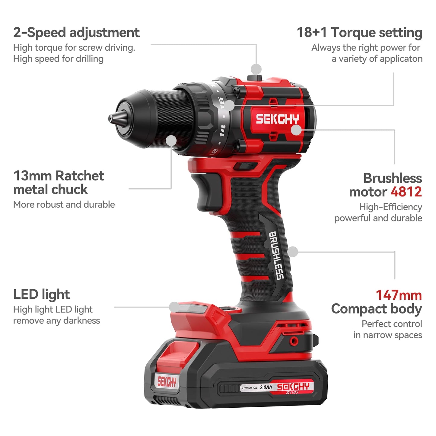 20V Cordless Drill Driver Kit with 2 Batteries - 70Nm High Torque Power Tool, 26-Piece Accessory Set & Fast Charger, LED Work Light for Wood, Metal and Masonry Drilling