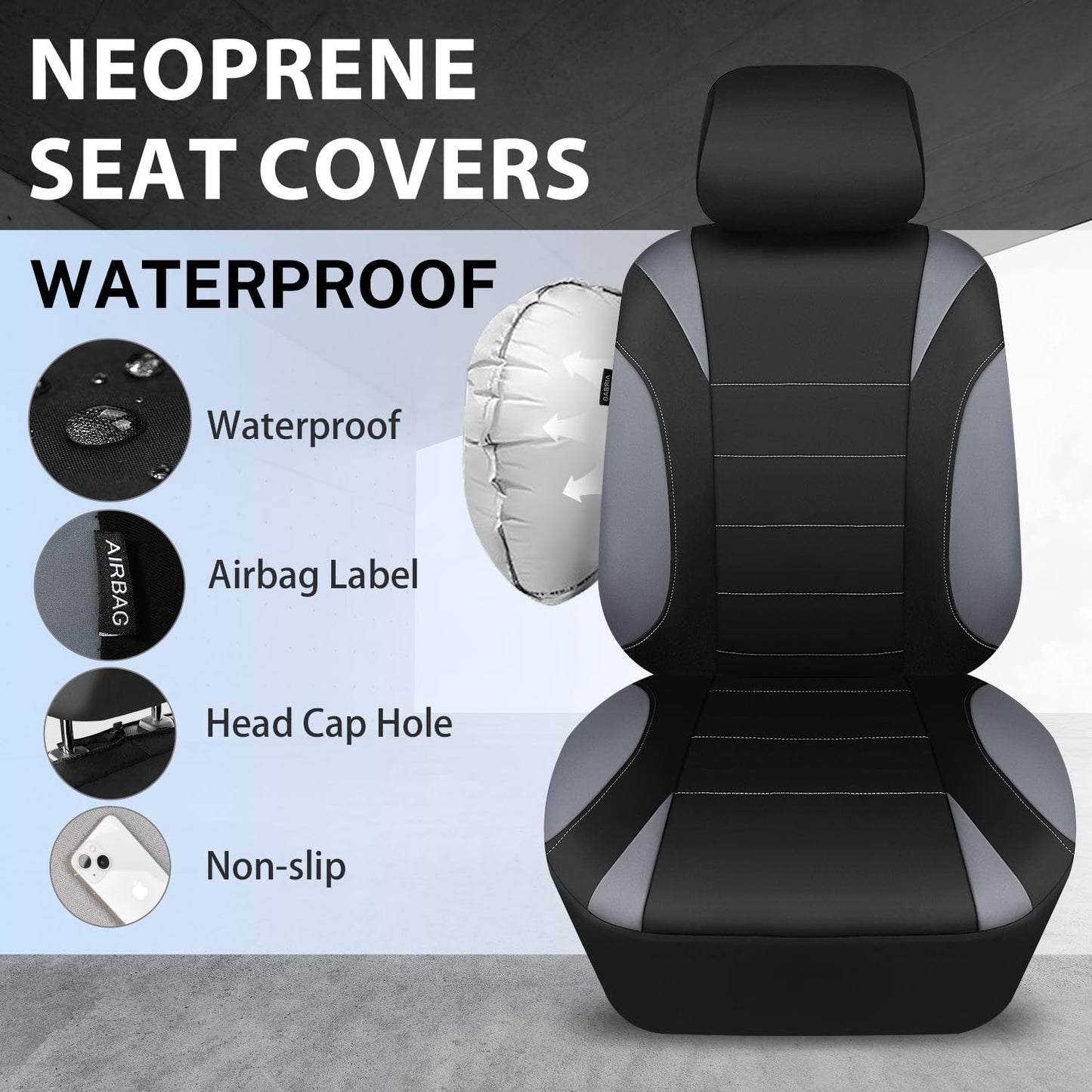 CAR PASS Waterproof Car Seat Covers Full Sets, Universal Fit Seat Covers for Cars, EVA Neoprene Seat Cover Set Full Sets, Interior Covers for Auto SUV,Vans,sedans, Trucks,(Black and Gray)