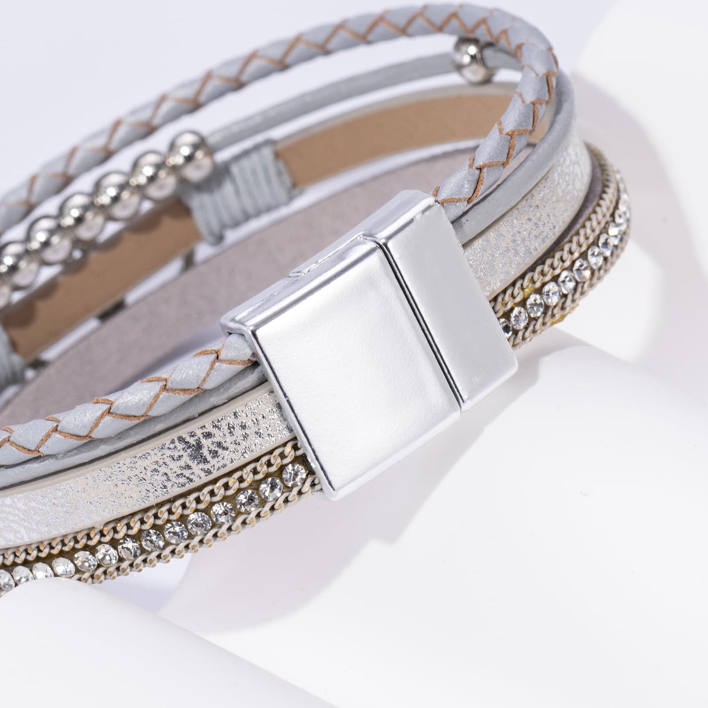 Becklynn Boho Leather Wrap Bracelets Beaded Crystal Stackable Cuff Bracelet with Magnetic Clasp Cowboy Cowgirl County Concert Outfits Western Jewelry Gifts for Women(Infinity Silver)