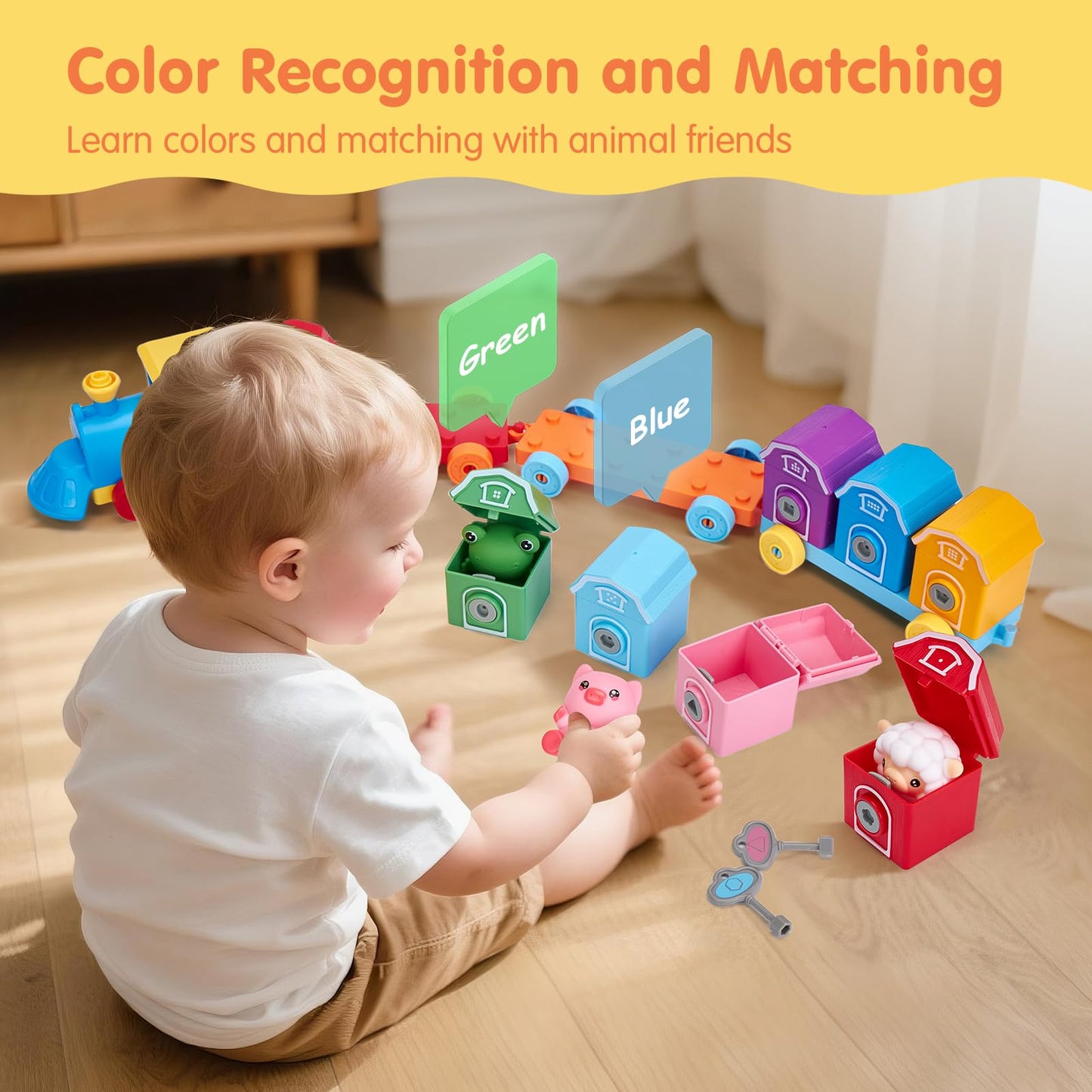 Toddler Learning Toys for 2 3 Year Old Boy Girl - Counting Matching & Sorting Activity Montessori Train Set with Farm Animals, Finger Puppets, Keys to Lock and Unlock Barns, Christmas Birthday Gift