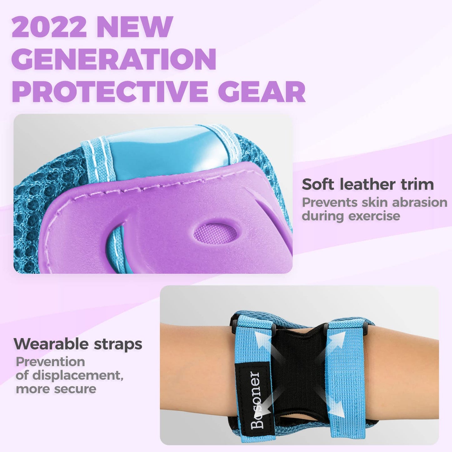 BOSONER Knee Pads for Kids Roller-Skating - Adjustable Protective Gear Set Knee Elbow Pads Wrist Guards for Bike Cycling Skateboarding Scooter Gifts 3-8/9-15 Years Boys Girls (Blue Purple)