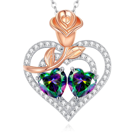 AGVANA June Birthstone Jewelry Alexandrite Necklace Sterling Silver Rose Flower Heart Double Birthstone Pendant Necklace Anniversary Birthday Gifts for Women Mom Wife Lady Her