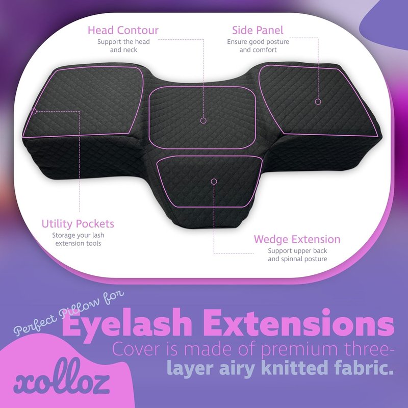 Lash Pillow for Eyelash Extensions - Curved Memory Foam Bed Pillow, Ergonomic Head Rest with Neck Support, Side Pockets for Tools, Fits Lash Beds for Tech – Black