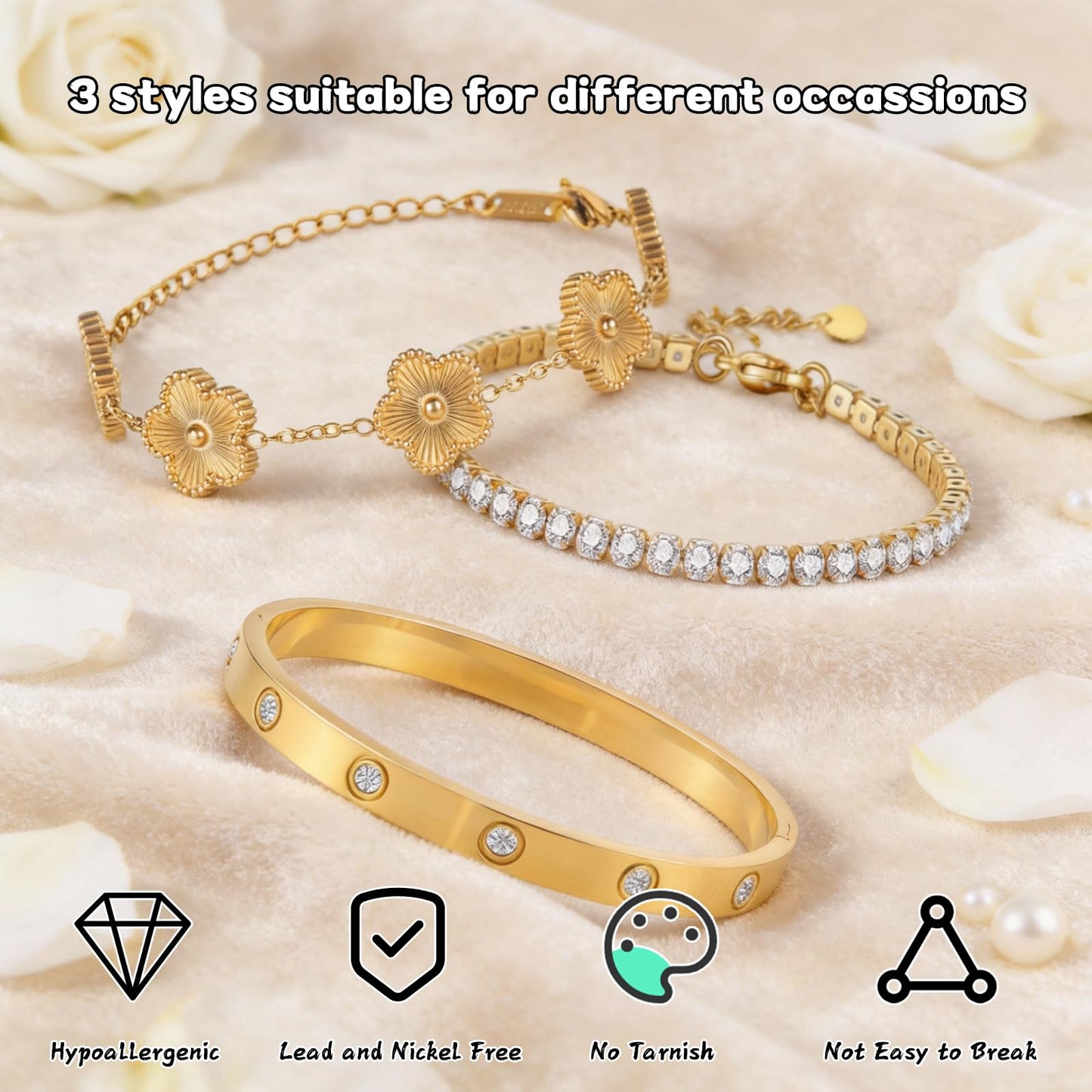 Ciormis Gold Plated Clover Tennis Love Bracelets Set for Women, Tarnish Free 18K Gold Bangles Trendy Floral Jewelry Gift for for Girlfriends Women Wife Anniversary Valentines Birthday Christmas