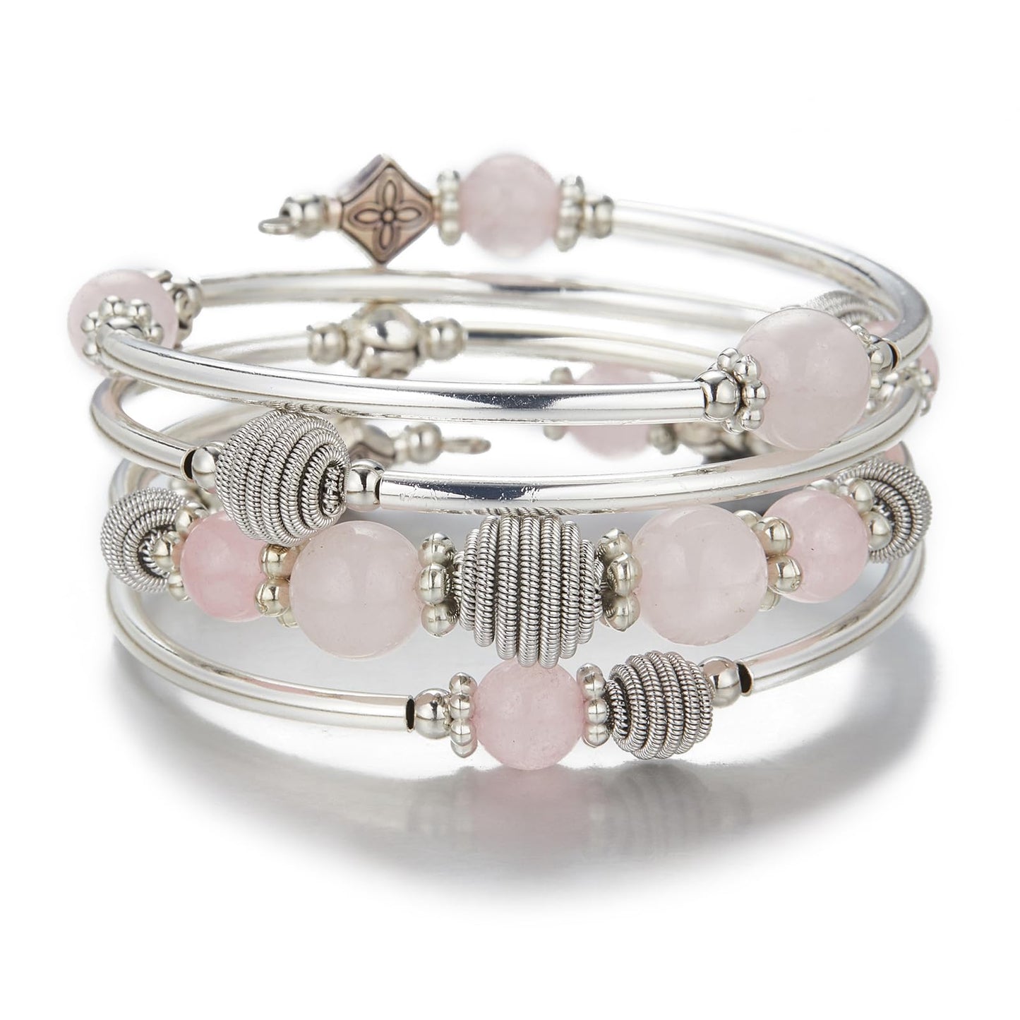 PEARL&CLUB Beaded Chakra Bangle Turquoise Bracelet - Fashion Jewelry Wrap Bracelet with Thick Silver Metal and Mala Beads, Birthday Gifts For Women(Pink crystal)