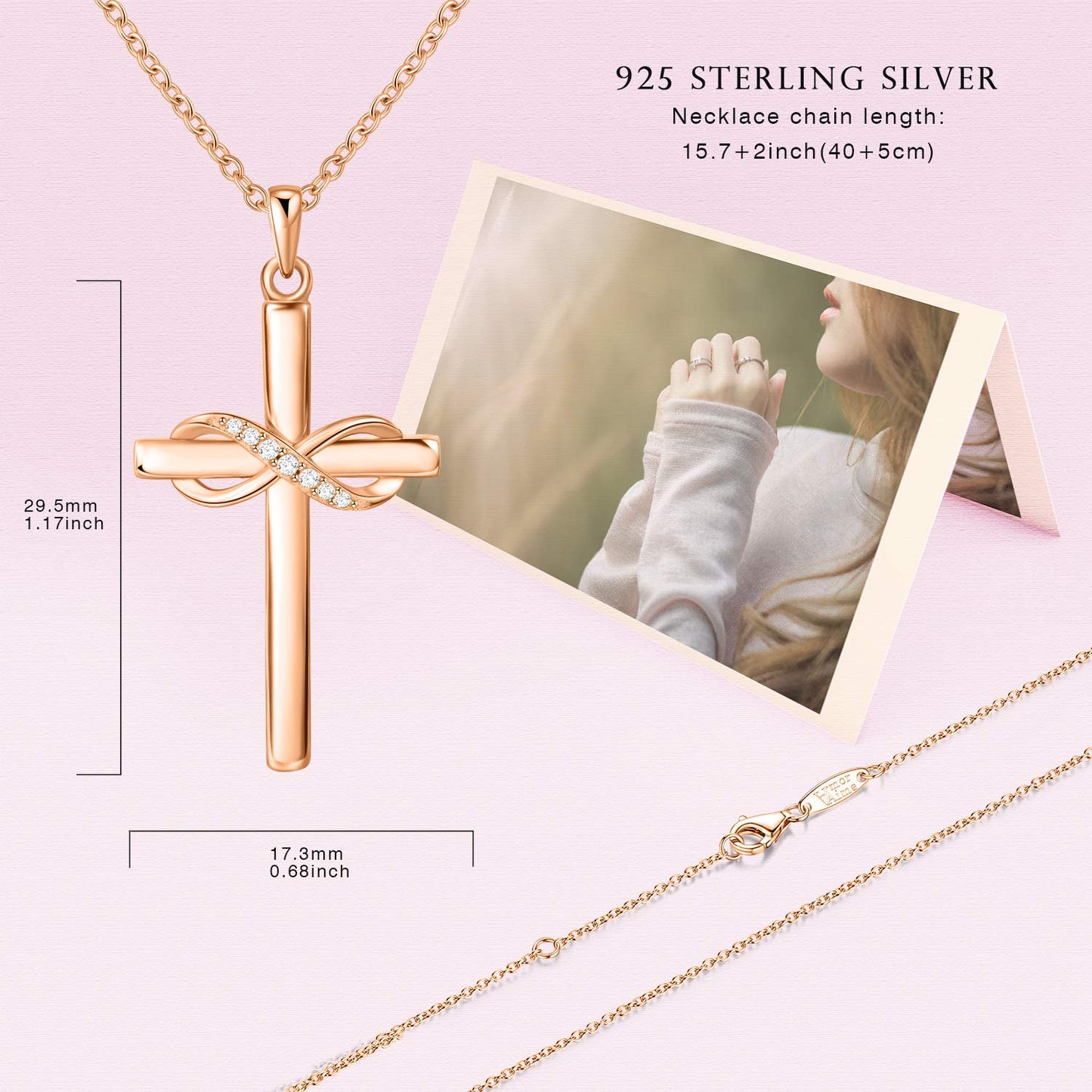 AmorAime 925 Sterling Silver Cross Necklace for Women Infinity Necklace 14k Rose Gold Plated Necklaces for Festival, Vacation or Holiday