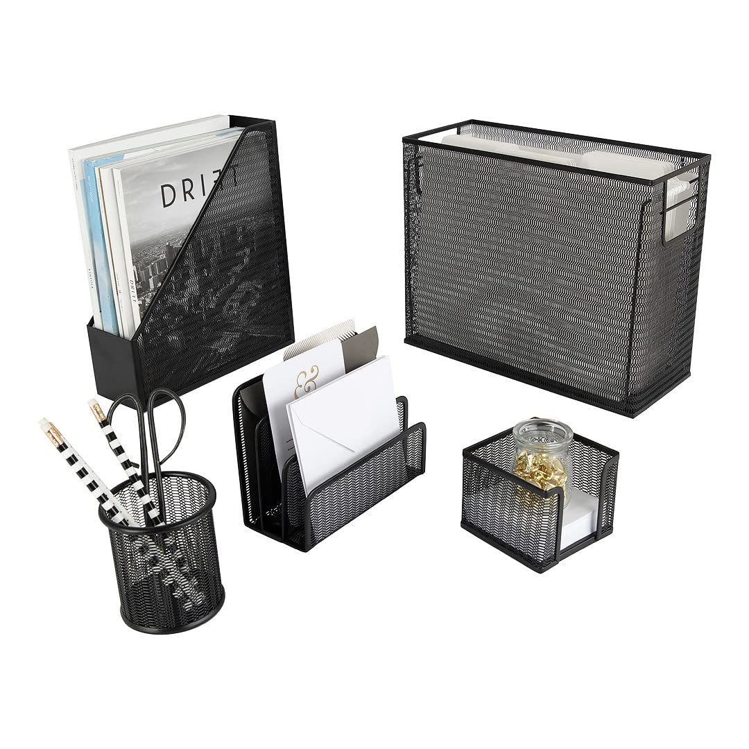 BLU MONACO Black Desk Organizer Set | 5-Piece Metal Office Supplies Collection with Hanging File Organizer, Magazine Holder, Pen Cup, Sticky Note Holder & Letter Sorter | Workspace Organization