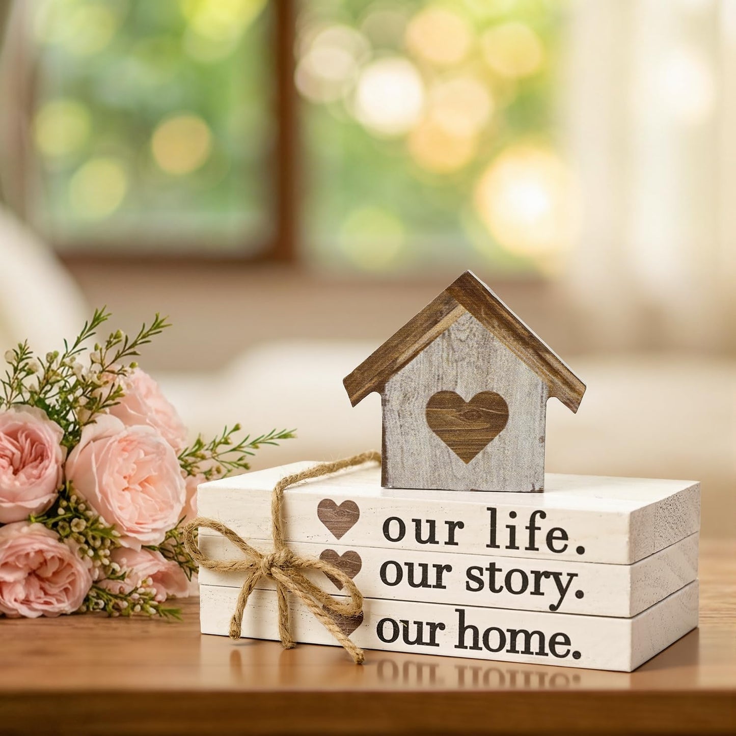Smile Farmhouse Wooden Tabletop Decor Our Home Our Story Our Famliy Table Centerpiece, Block Sign Tiered Tray Decoration for Kitchen Shelves Desk Mantel