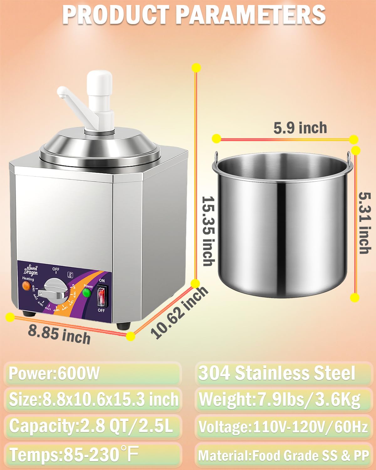 Nacho Cheese Dispenser, 2.8Qt Nacho Cheese Dip Warmer with Pump, Hot Fudge Warmer with 9-Level Temperature Adjustment, Commercial Sauce Dispenser Machine for Queso para Nachos, Caramel Syrup Pumps