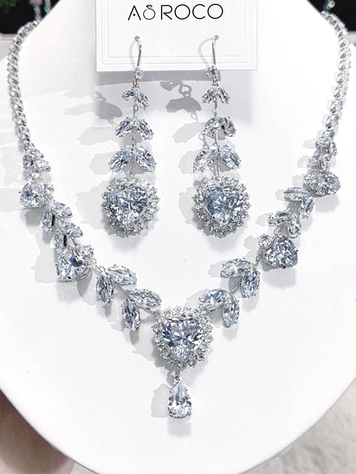AOROCO Wedding Jewelry Sets for Brides | Sterling Silver Heart Dangle Earrings and Necklace Set with Cubic Zirconia | Wedding Jewelry Sets for Bride and Bridesmaid | Bridal Party Jewelry Accessories