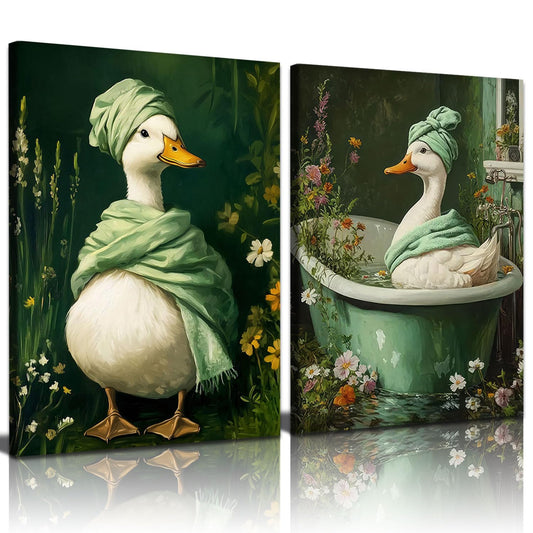 2 Pcs Dark Green Duck Canvas Wall Art Botanical Moody Wildflowers Posters Print Spa Duck in Bathtub Pictures Artwork Vintage Floral Wall Paintings for Bathroom Toilet Restroom Decor 12x16 Inch