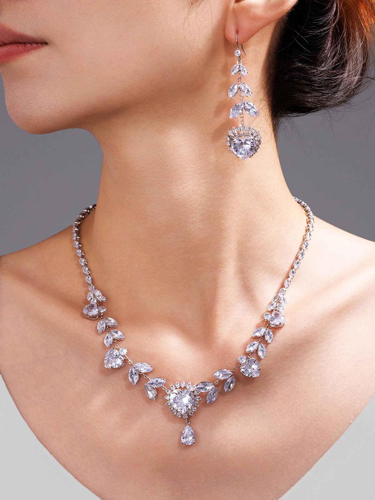 AOROCO Wedding Jewelry Sets for Brides | Sterling Silver Heart Dangle Earrings and Necklace Set with Cubic Zirconia | Wedding Jewelry Sets for Bride and Bridesmaid | Bridal Party Jewelry Accessories