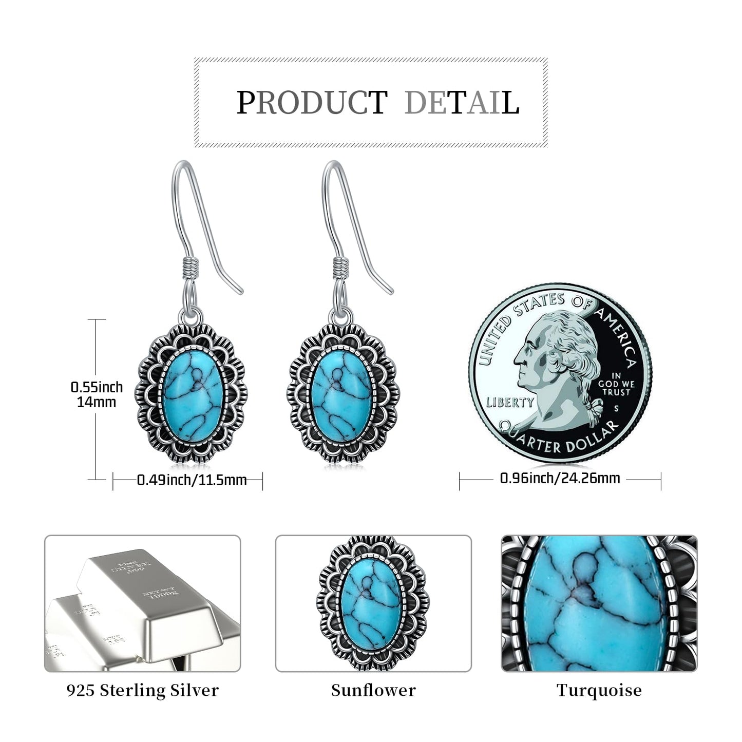 KoyeKei Concho Western Earrings for Women 925 Sterling Silver Turquoise Country Dangle Drop Earrings Vintage Boho Jewelry Country Concert Gifts for Cowgirl Cowboy