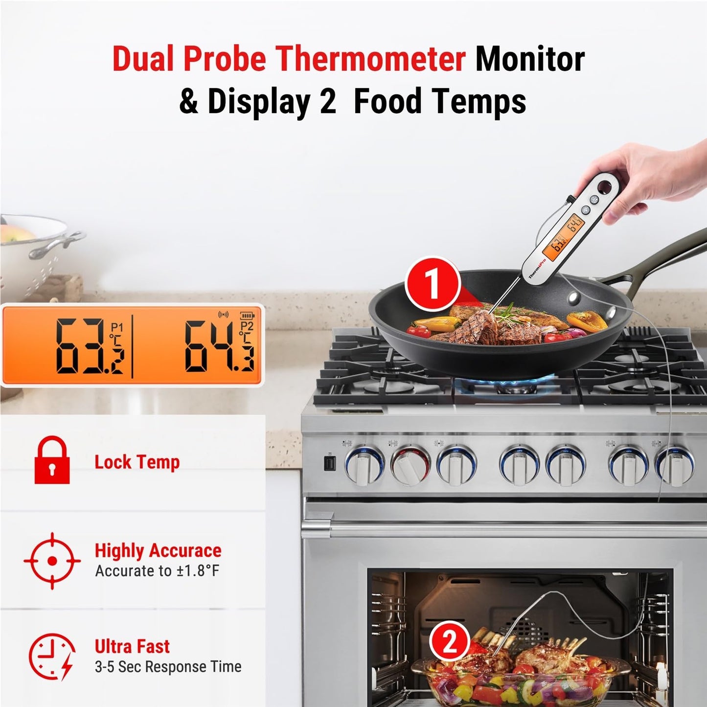 ThermoPro TP610 Rechargeable Waterproof Backlight 2 in 1 Folding Wired Probe Digital Kitchen Cooking Oven Grill Meat Thermometer