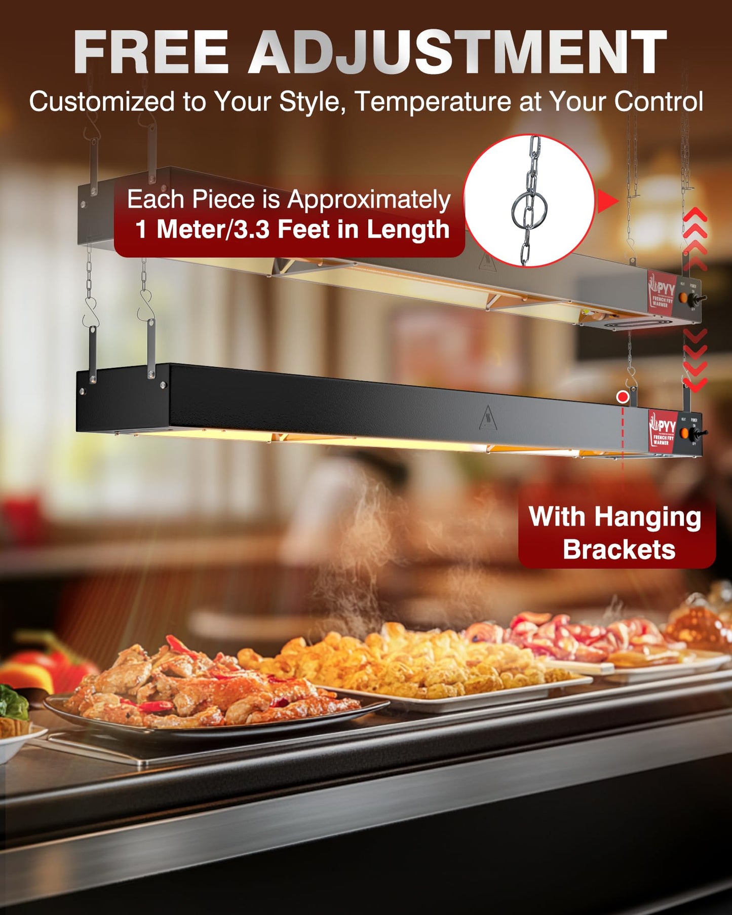 PPY 42 Inch Food Heat Lamp Strip - Commercial Food Heating Warmer Hanging, Warming Lights for French Fries Warmer, Stainless Steel Electric Strip Heater, Food Service Cafeteria, Restaurant, Black