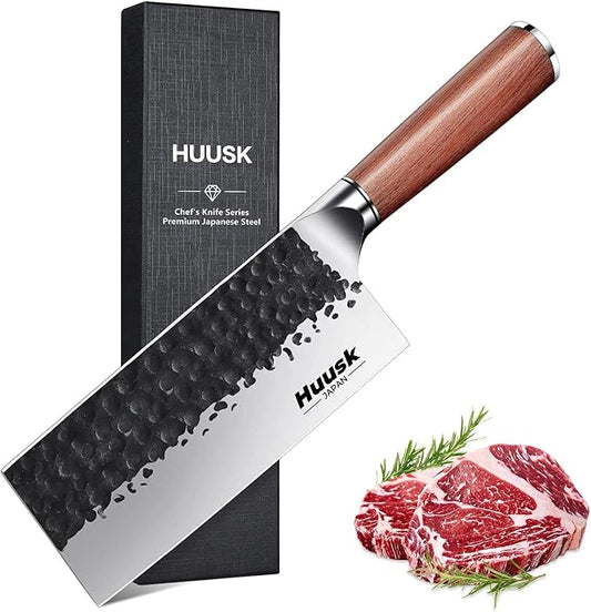 Huusk Knives from Japan, Meat Cleaver Heavy Duty Chopping Knife Hand Forged Butcher Knife for Meat Cutting Kitchen Vegetable Knives for Home, Gifts Idea for Men and Women