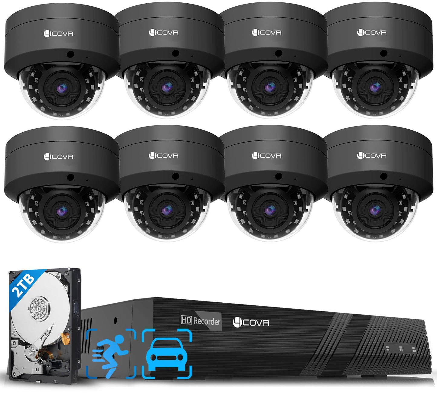 4COVR 4K Security Camera System, 8X 8MP IK10 Vandal-Proof IP67 Dome PoE IP Camera with Audio, 8CH NVR 2TB HDD, AI Human Vehicle Detection & IR Night Vision, 24/7 Home Outdoor Recording, LY54AB8M0808